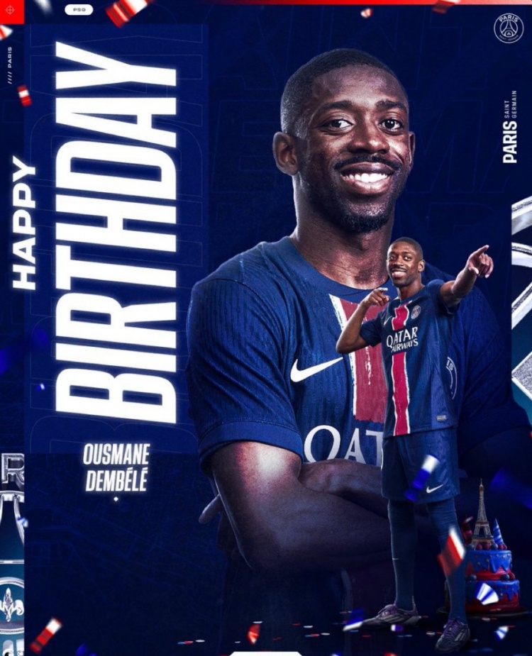 金球大热,巴黎官方祝登贝莱28岁生日快乐&本赛季33球13助